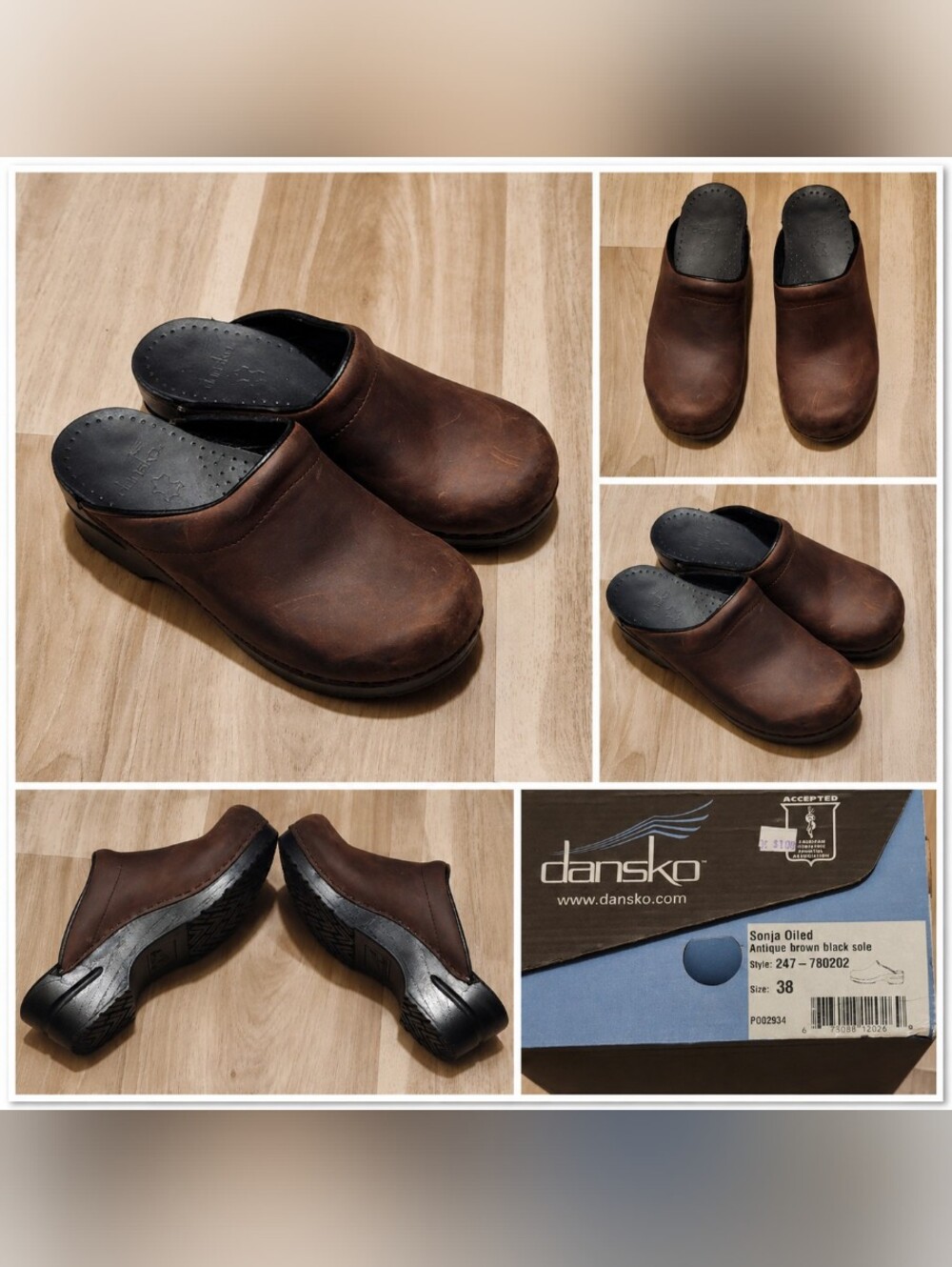 New Leather clogs, Dansko Sonja Oiled, Antique Brown/Black sole